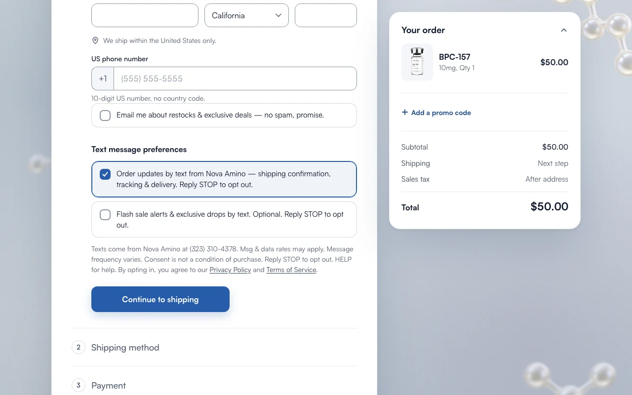 Checkout on a desktop: the order-updates box pre-checked and the flash-sale box unchecked, with their disclosure