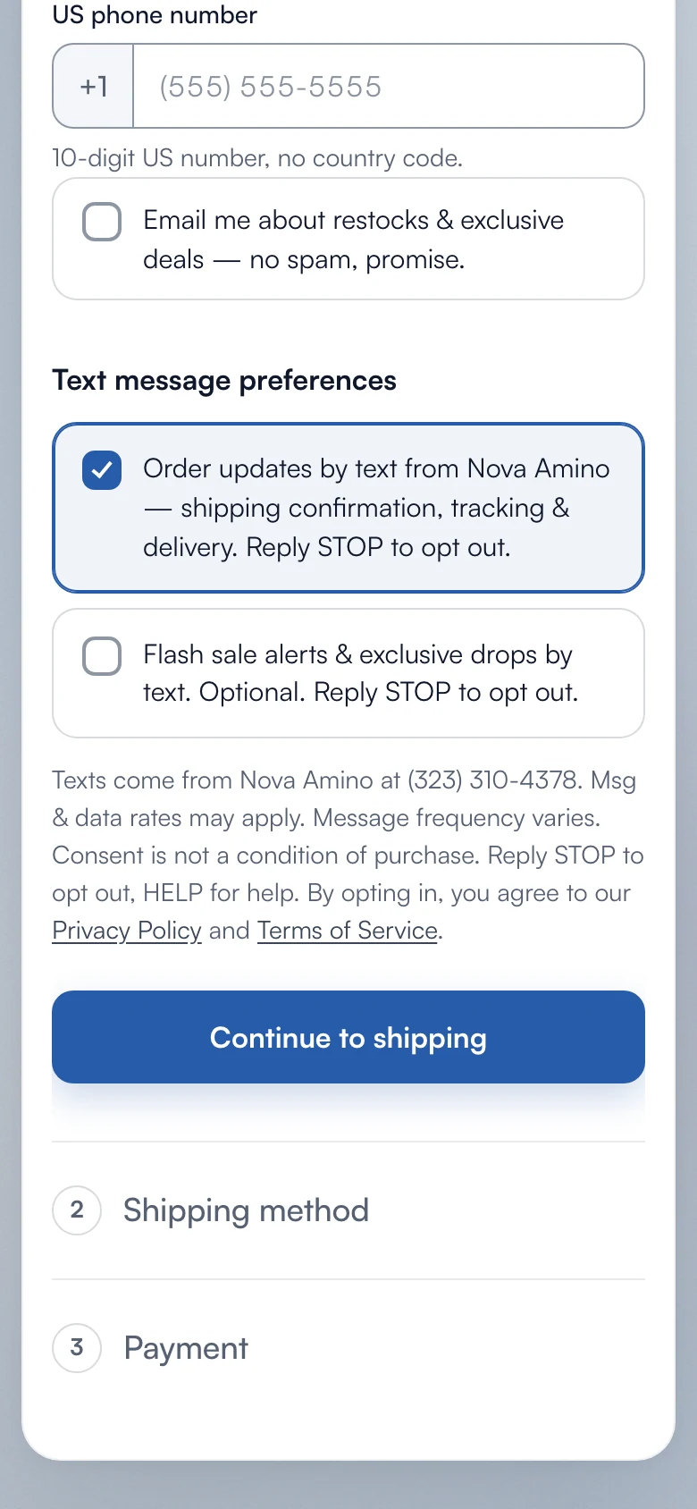 Checkout on a phone: the order-updates box pre-checked and the flash-sale box unchecked, with their disclosure