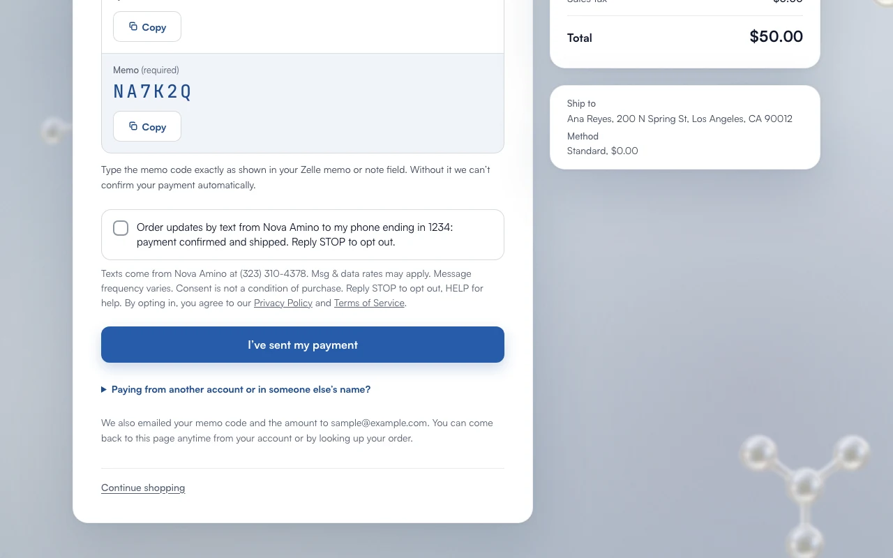Payment page on a desktop: the optional text message box, unchecked