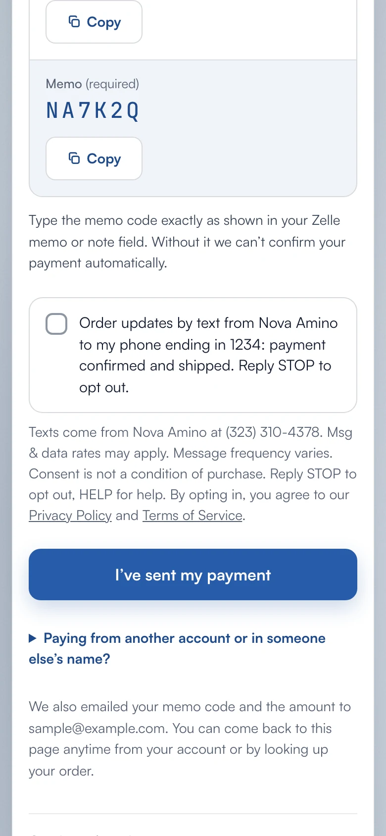 Payment page on a phone: the optional text message box, unchecked